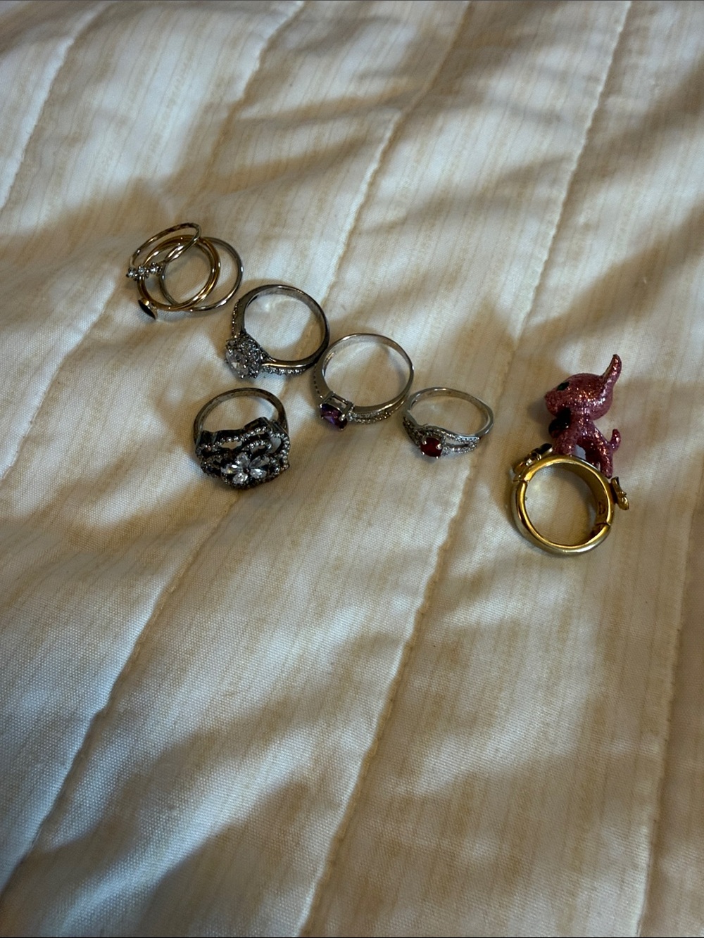 Women’s Silver and Gold Rings Set with Pink Accent Charm